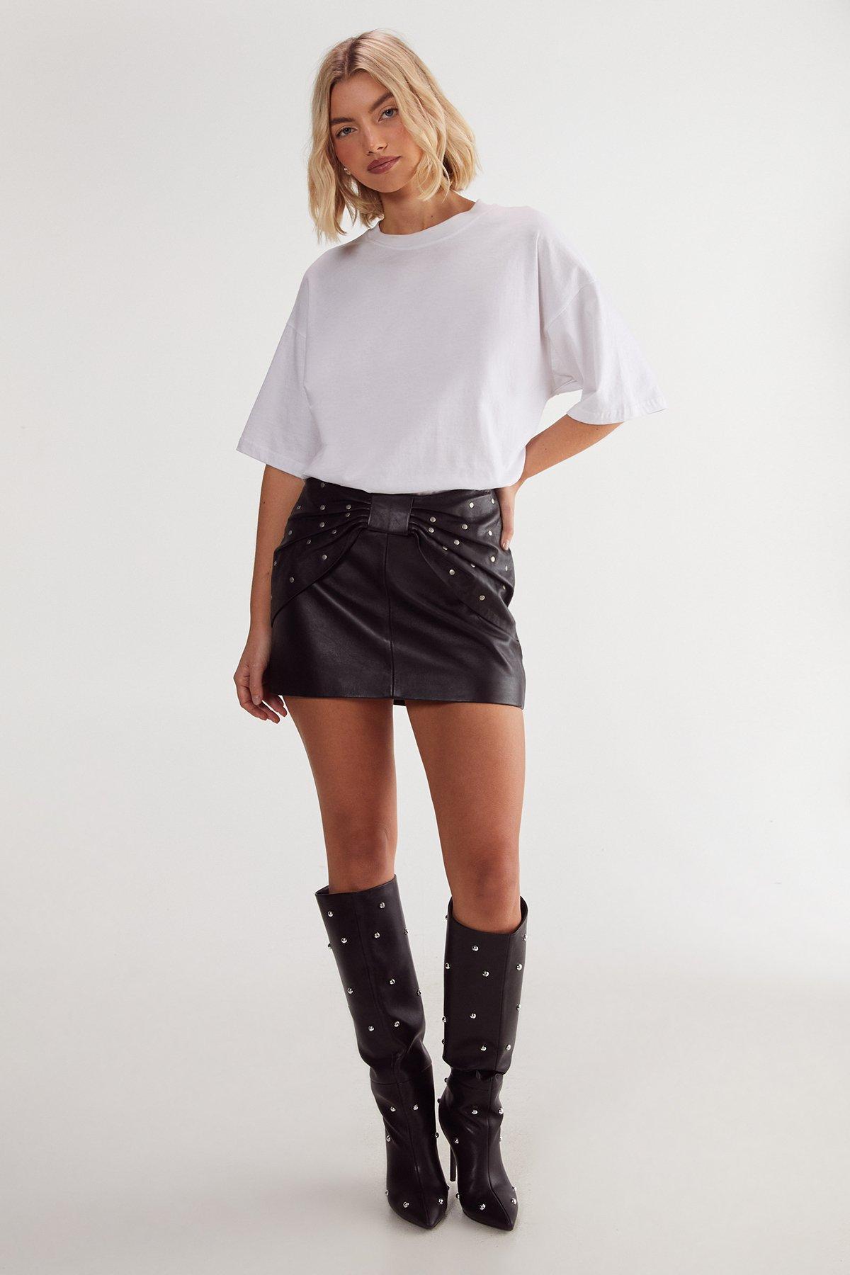 Studded Bow Detail Leather Mini Skirt Product Image
