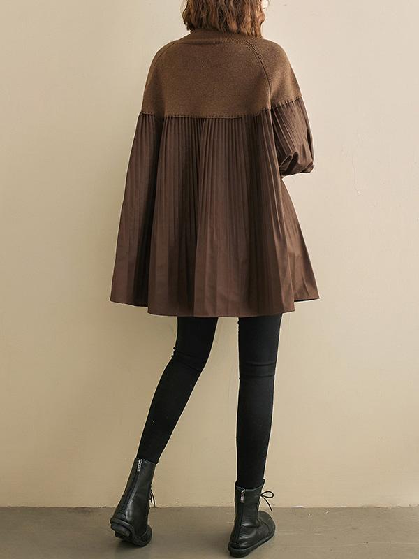 Knitting Pleats Split-Joint High-Neck Pullover Top Product Image