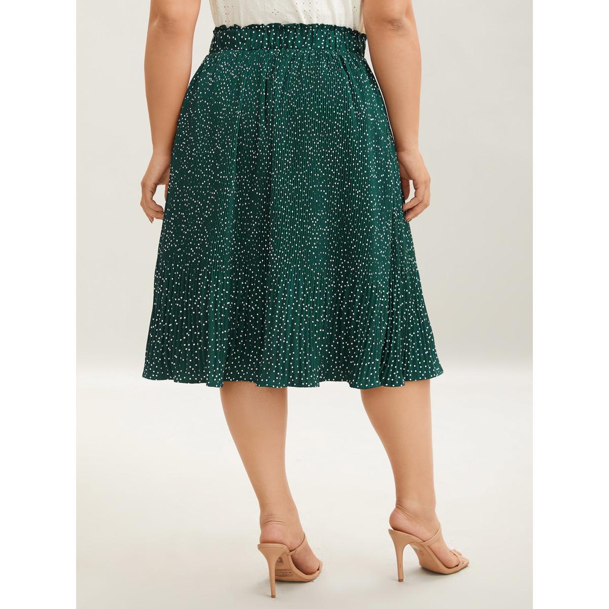Plus Size Fine Dots Print Smocked Waist Midi Skirt Women DarkGreen Elegant Pleated Bodycon Low stretch Side seam pocket Everyday-Elegant Skirts BloomChic 10/M Product Image
