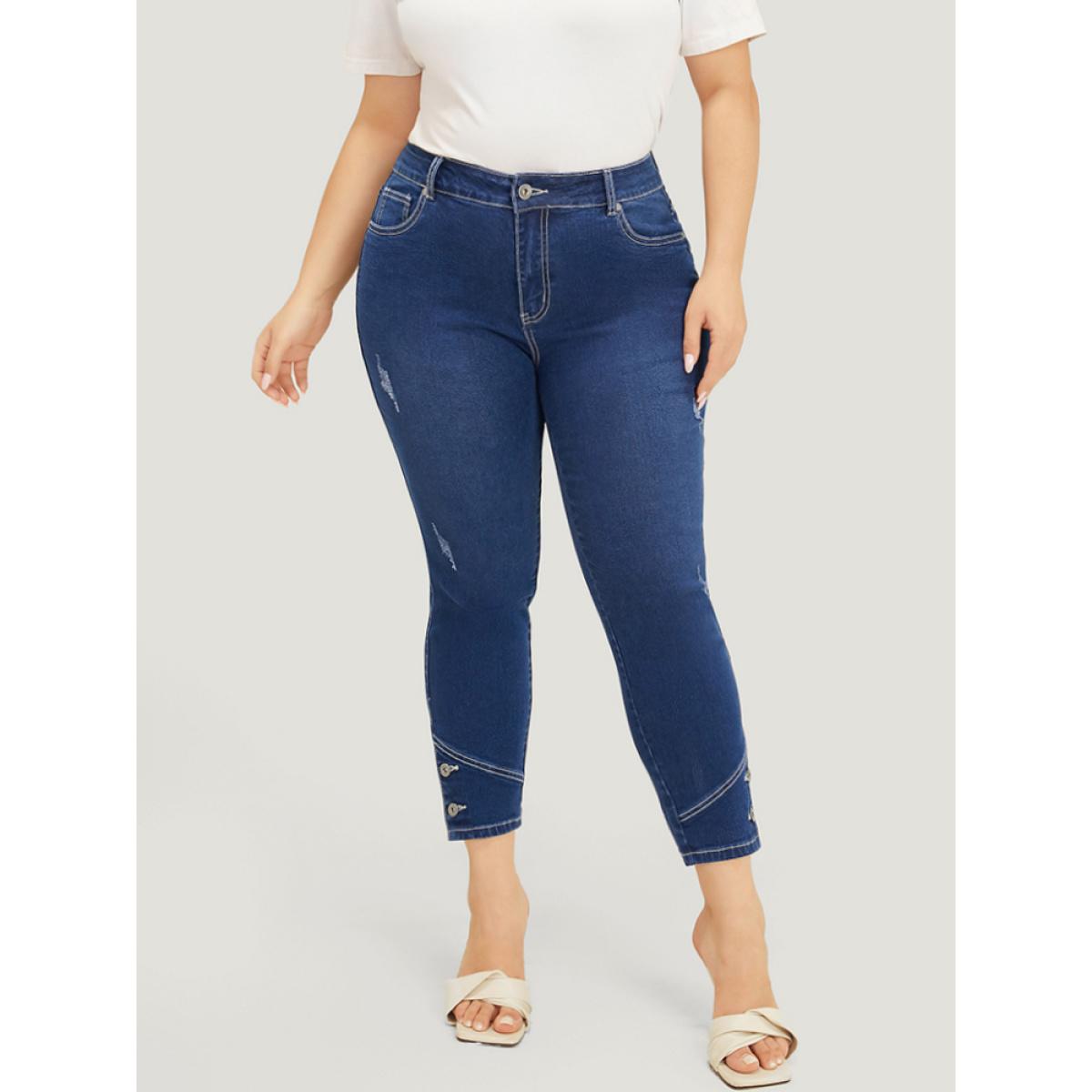 Plus Size Very Stretchy High Rise Dark Wash Button Hem Jeans Women Indigo Casual Plain Button High stretch Jeans BloomChic 14/1X Product Image