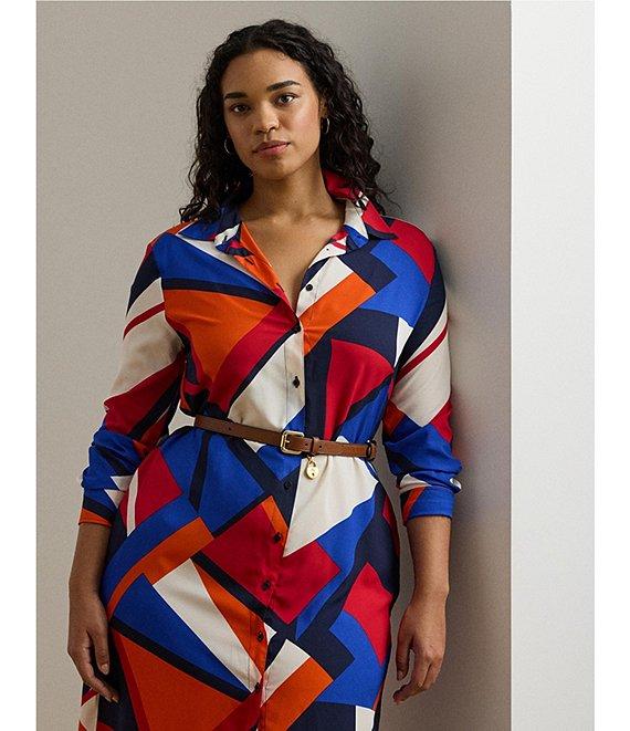 Lauren Ralph Lauren Plus Size Crepe de Chine Printed Point Collar Long Sleeve Button-Front Self-Tie Waist Midi Shirtdress Product Image