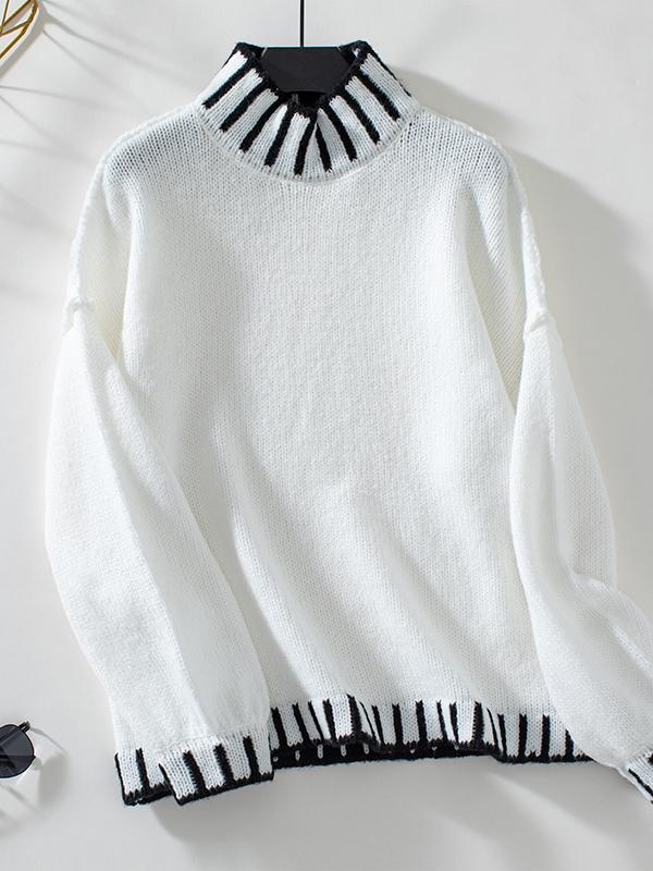 Long Sleeves Loose Contrast Color Split-Joint High Neck Pullovers Sweater Tops Product Image