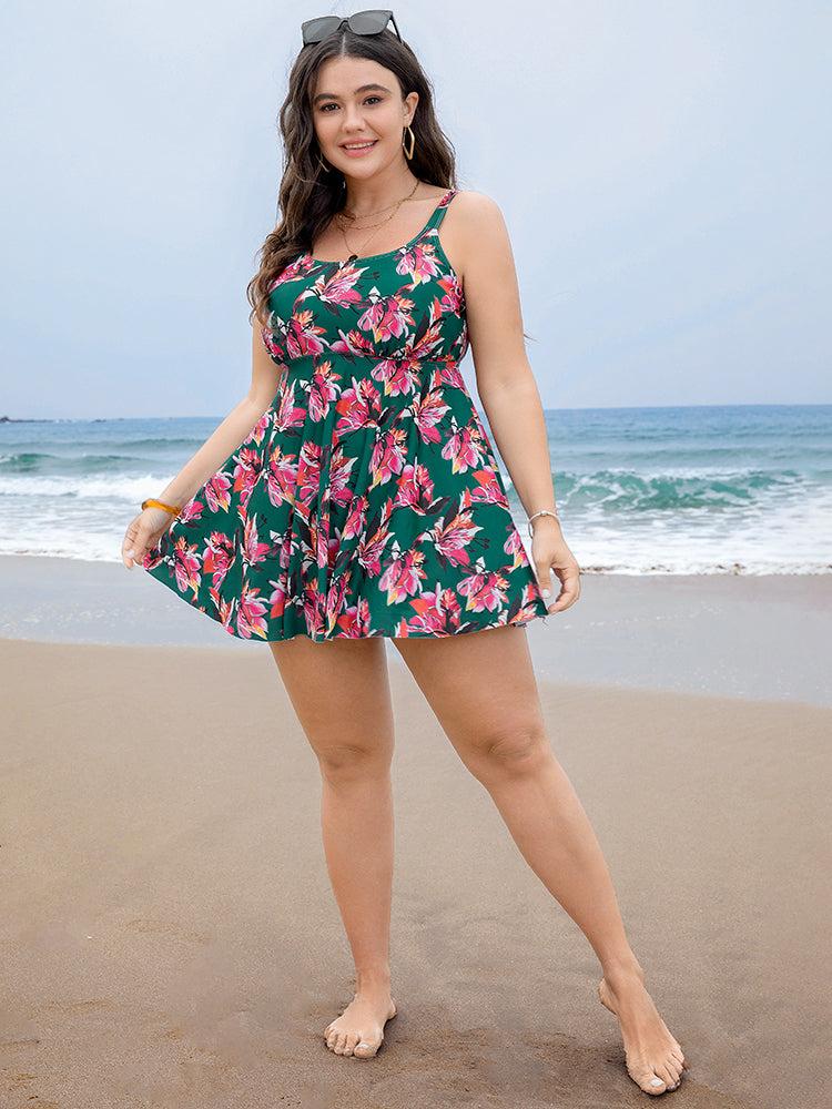 Floral Print A Line Round Neck Ruffle Hem Swim Dress Female Product Image