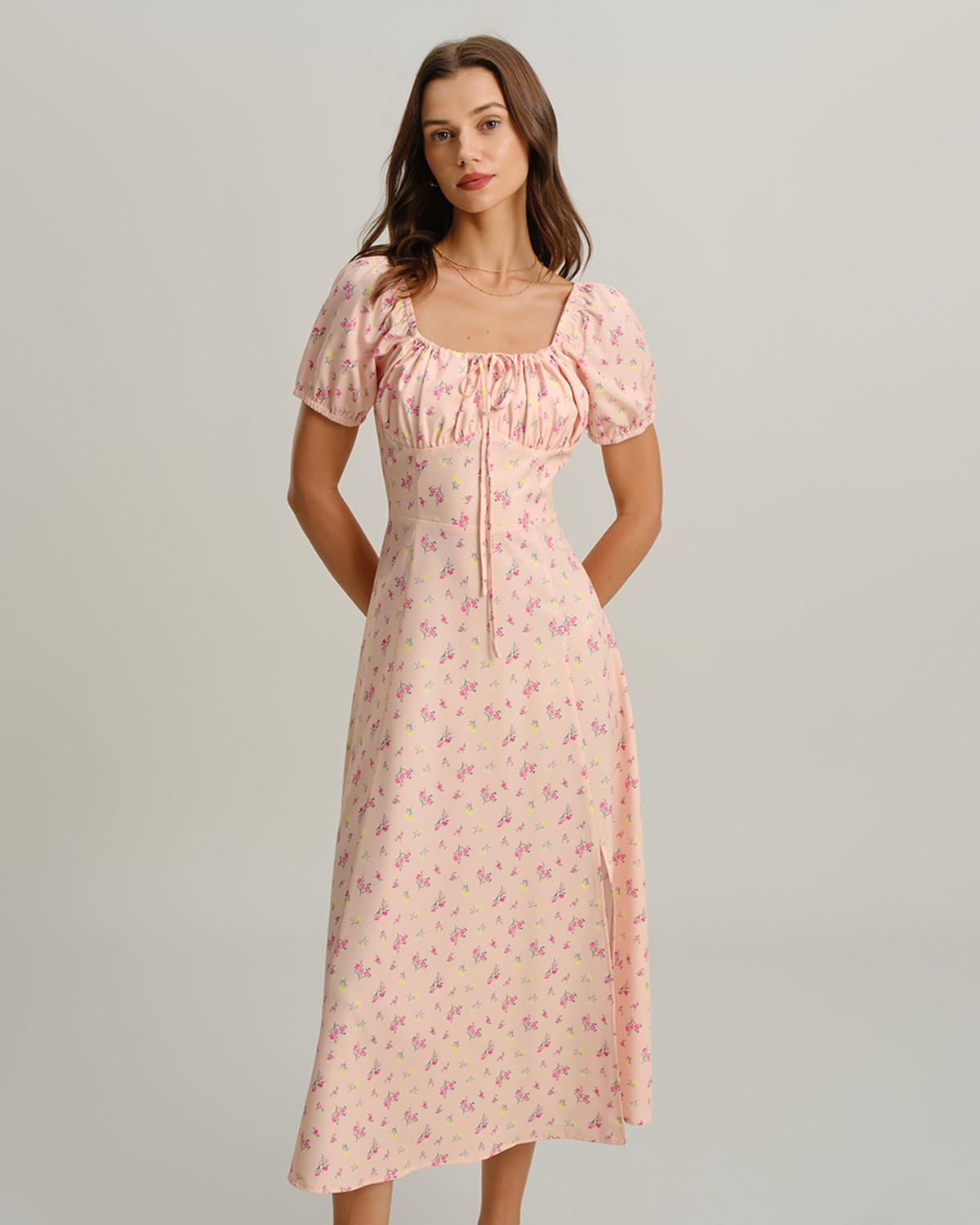 Pink Floral Square Neck Puffed Sleeve Midi Dress Product Image