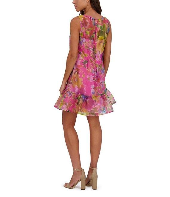 Kensie Organza Floral Print Crew Neck Sleeveless Shift Mini Dress Product Image
