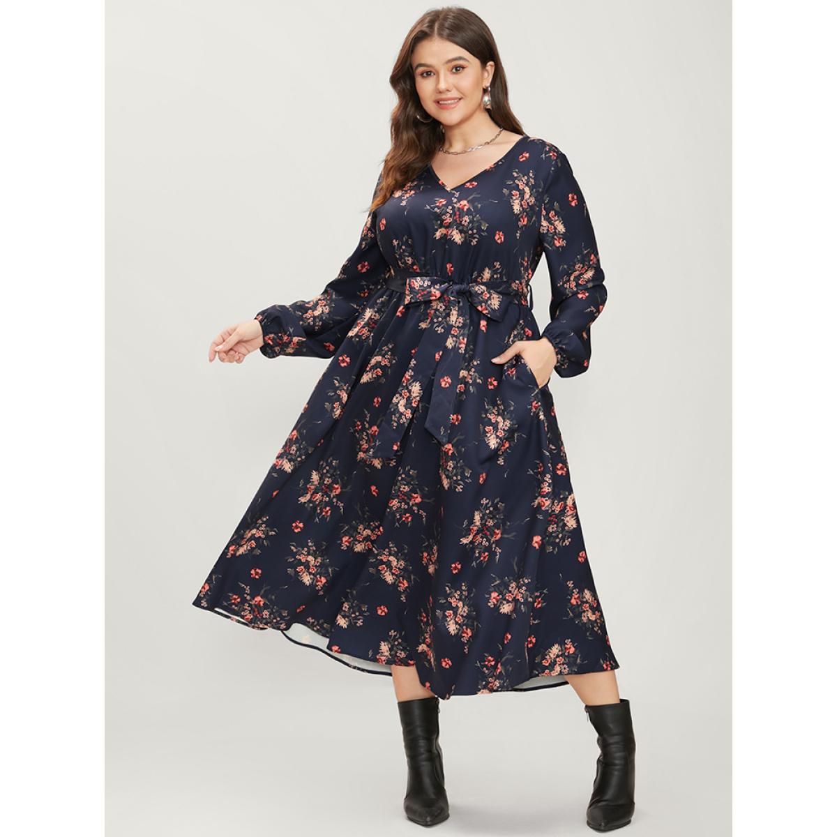 Plus Size Floral Print V Neck Lantern Sleeve Pocket Belted Dress Navy Women Elegant Elastic Waist V-neck Long Sleeve Curvy Midi Dress BloomChic 26/4X Product Image