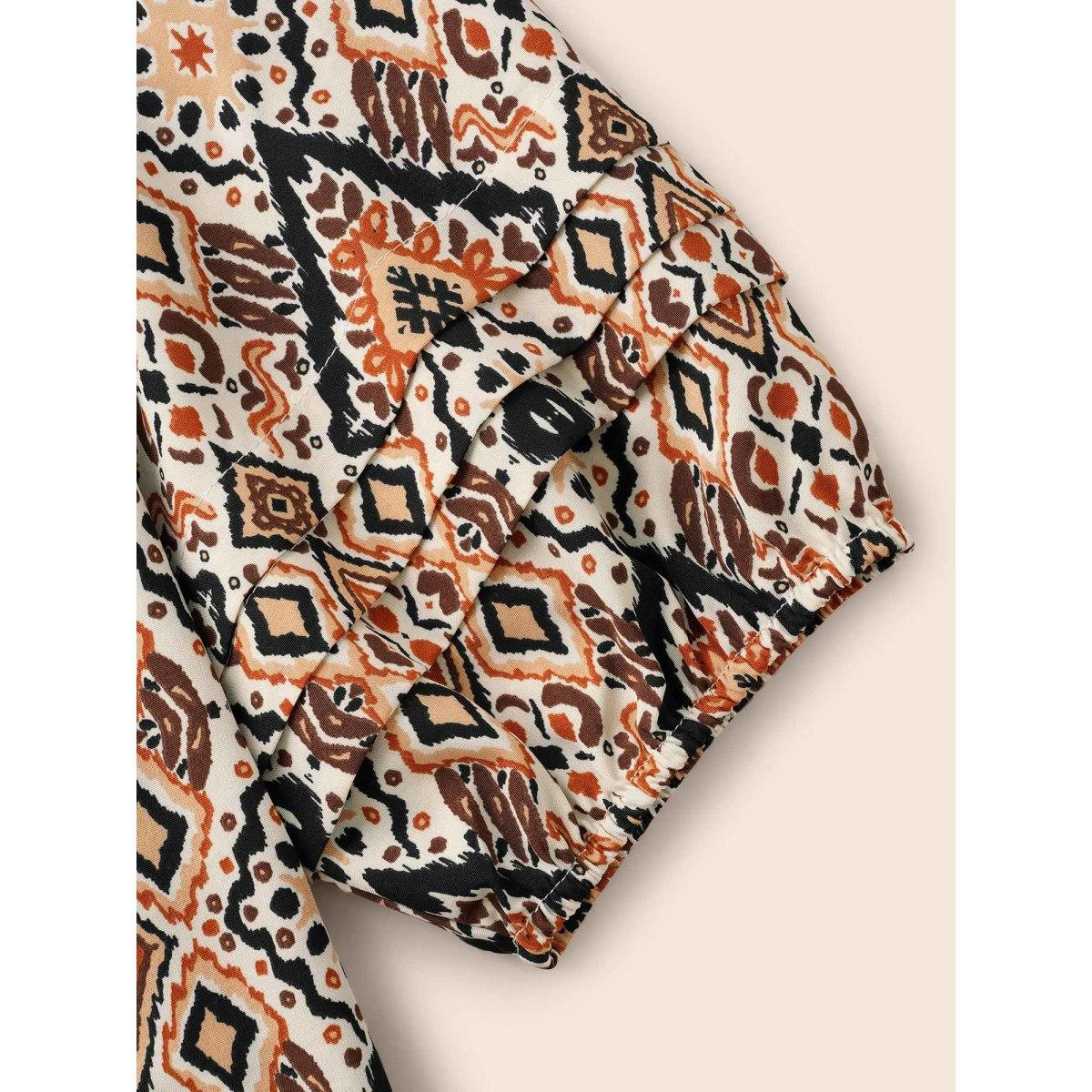 Plus Size Browncoffeecolor Bandana Geometric Pleated Lantern Sleeve Blouse Women Timeless Elbow-length sleeve V-neck Elegant Blouses BloomChic 18-20/2X Product Image