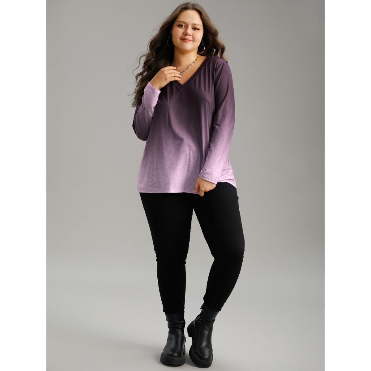 Plus Size Ombre V Neck Slightly Stretchy T-shirt Purple Women Casual Plain Ombre V-neck Everyday T-shirts BloomChic 10/M Product Image