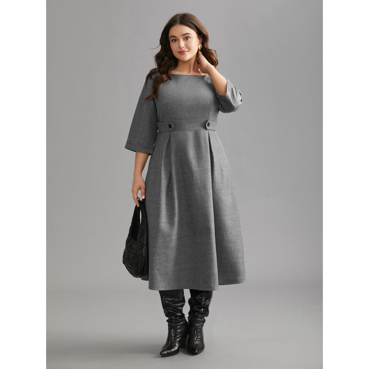 Plus Size Buckled Waist Loops Pleated Midi Dress DarkGray Women At the Office Pleated Boat Neck Elbow-length sleeve Curvy BloomChic 10/M Product Image