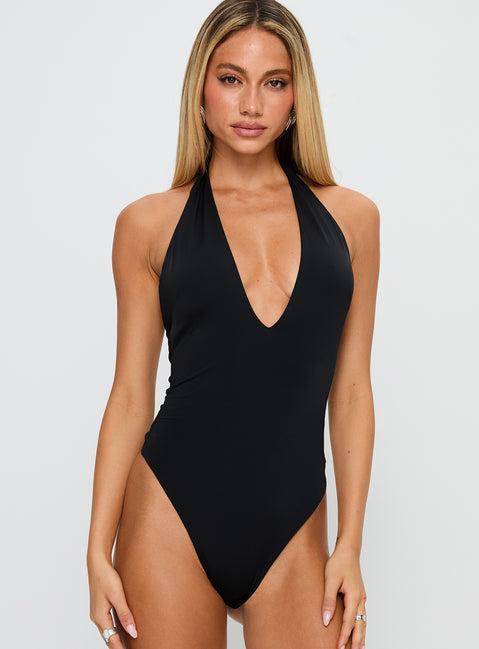Kendrae Plunge Halter Bodysuit Black Product Image