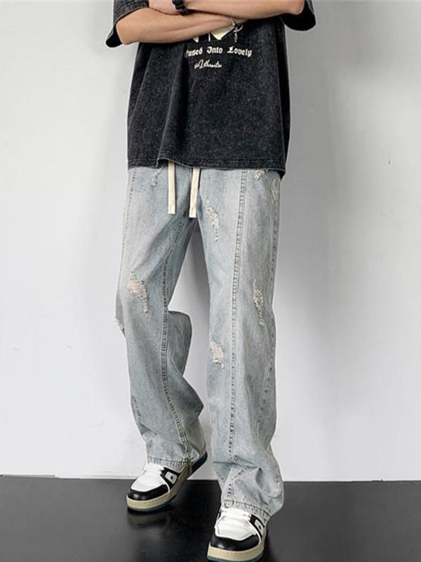 Men's Wash Ripped Drawstring Straight Leg Pants Product Image