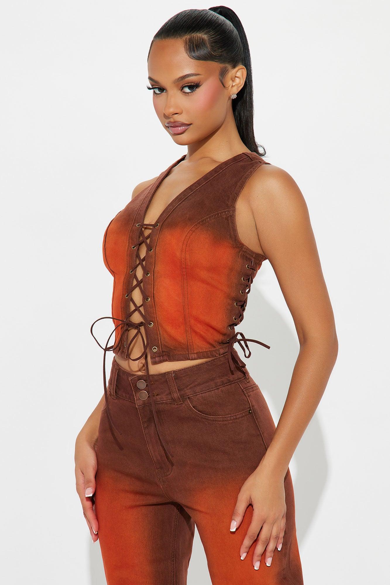 Wynona Lace Up Denim Pant Set - Rust/combo Product Image