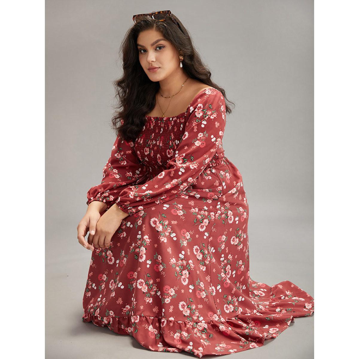 Plus Size Floral Print Shirred Elastic Cuffs Dress Russet Women Elegant Elastic cuffs Square Neck Long Sleeve Curvy Midi Dress BloomChic 10/M Product Image