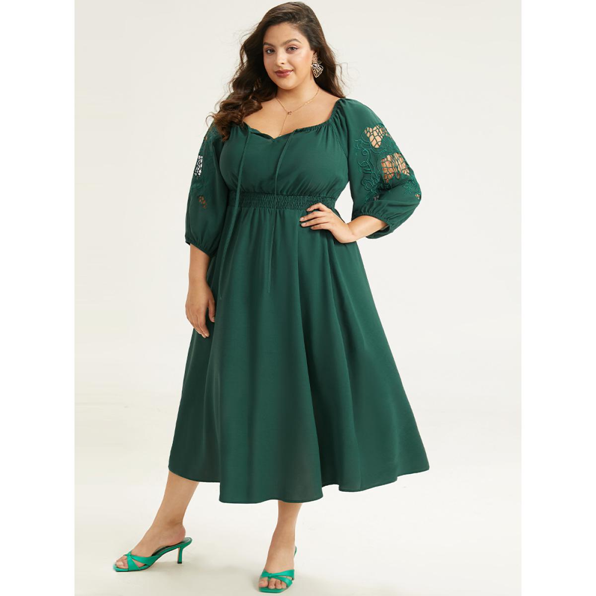 Plus Size Plain Tie Neck Cut Out Shirred Dress DarkGreen Women Elegant Elastic cuffs Square Neck Long Sleeve Curvy Midi Dress BloomChic 14-16/1X Product Image
