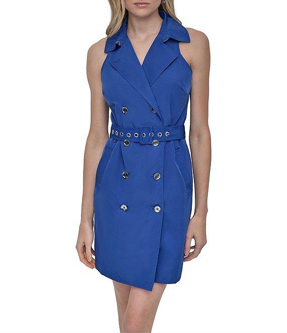 DKNY by Donna Karan Petite Size Tech Taffeta Notch Collar Neck Sleeveless Belted Sheath Mini Dress Product Image