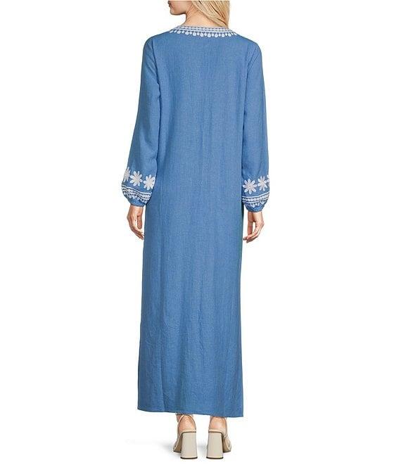 SAIL to SABLE Woven Embroidered Split V-Neck Long Sleeve Caftan Dress Product Image