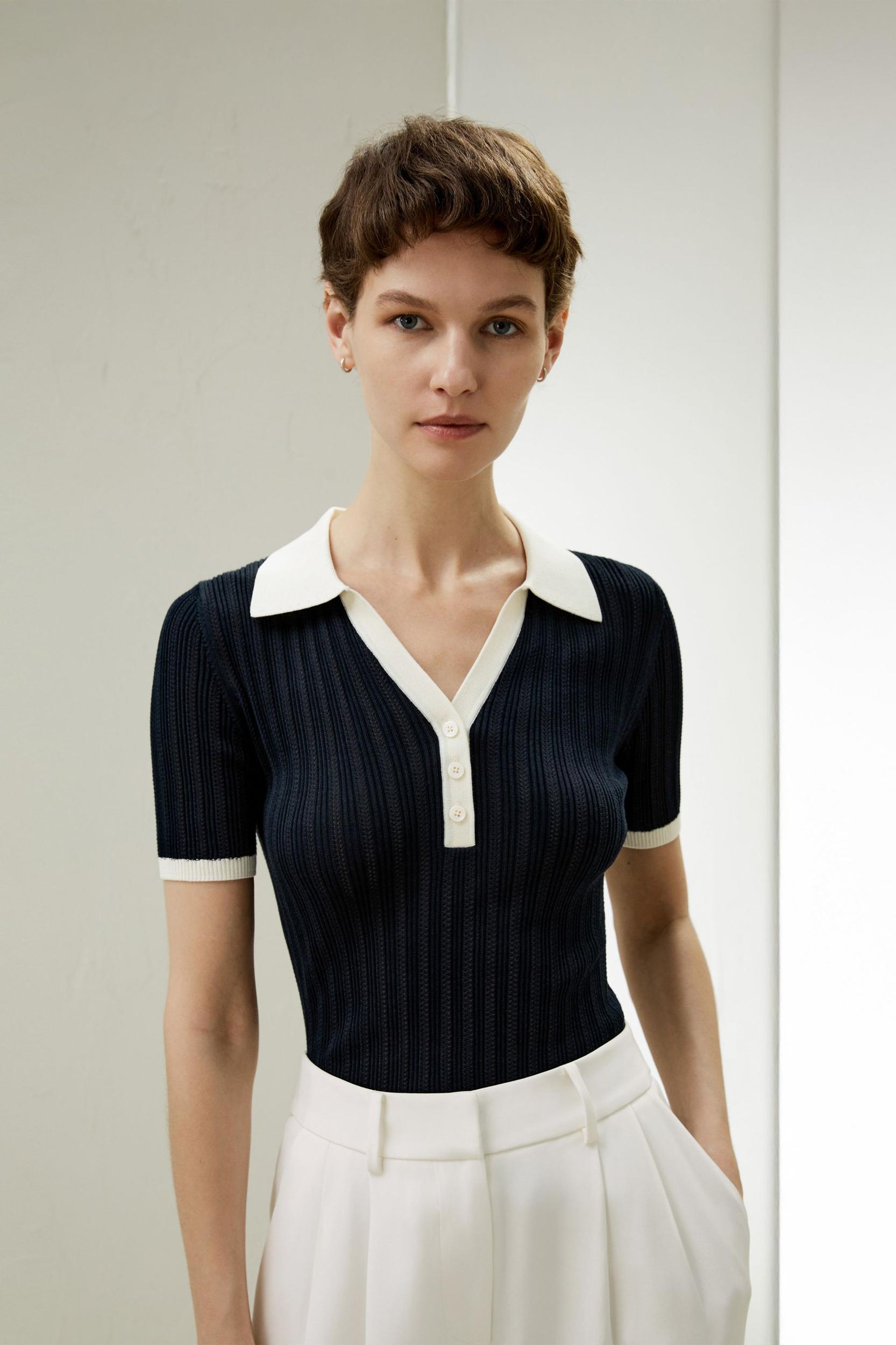 V Neck Ribbed Silk Knit Top Product Image
