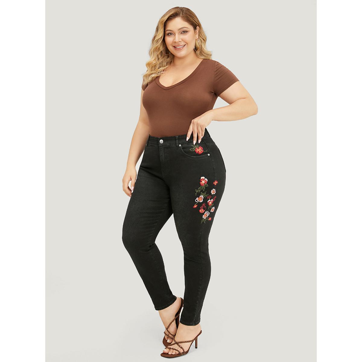 Plus Size Very Stretchy High Rise Black Wash Floral Embroidered Jeans Women Black Casual Plain Embroidered High stretch Pocket Jeans BloomChic 18/2X Product Image