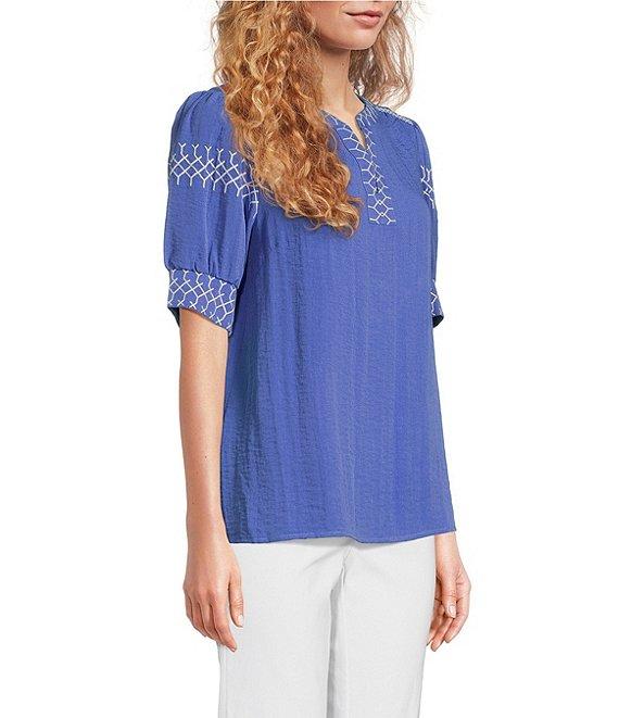 Ali Miles Embroidered Split V-Neck Elbow Sleeve Tunic Product Image