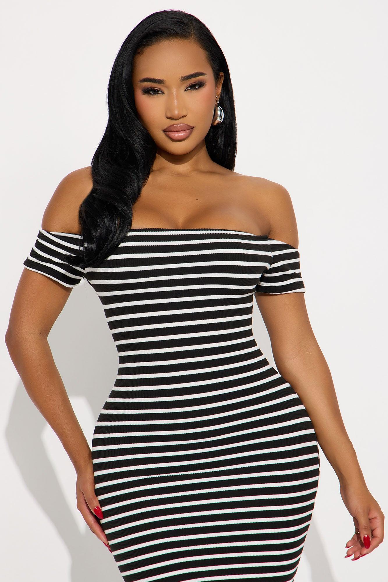 Mabel Ribbed Off The Shoulder Midi Dress - Black/White Female Product Image