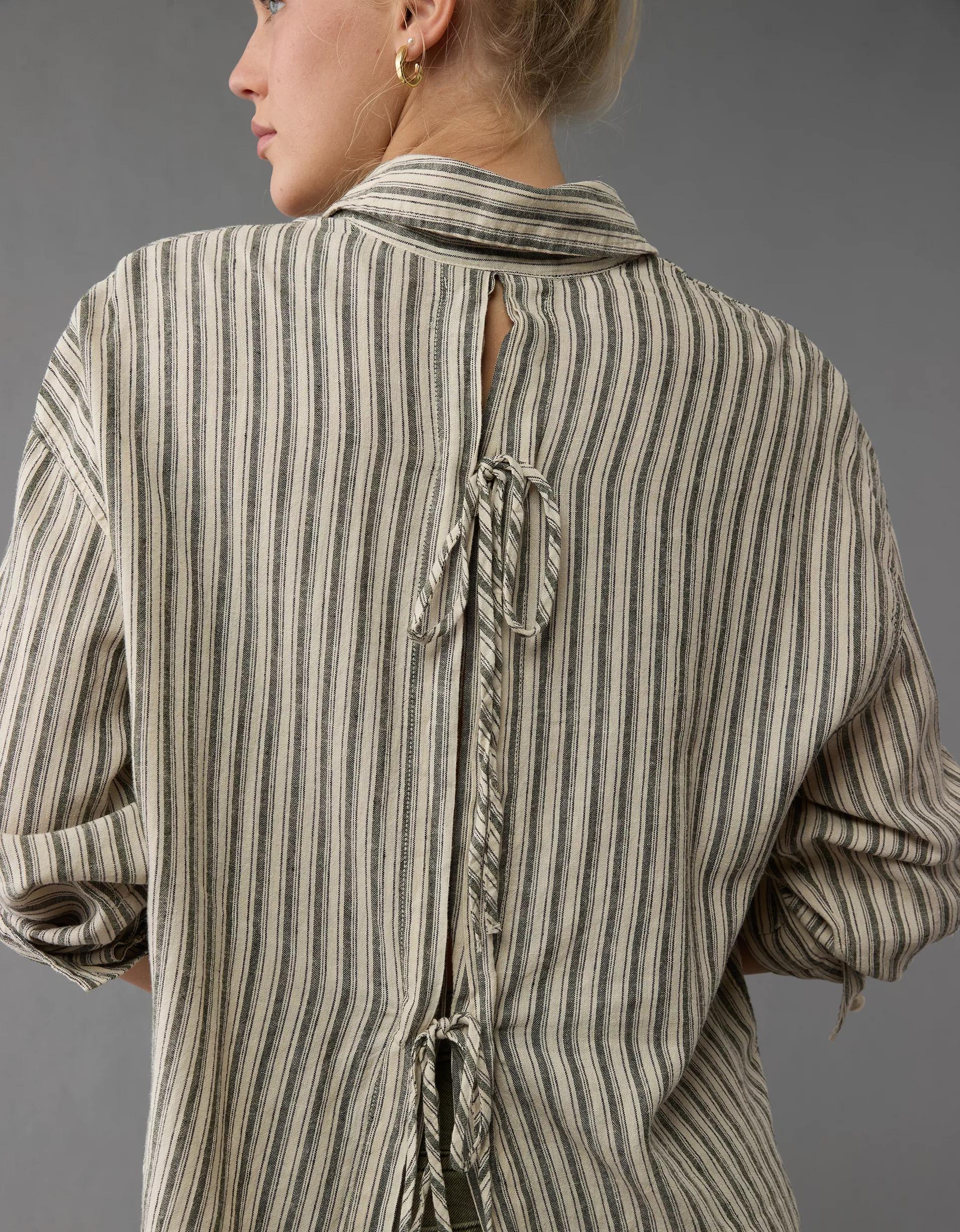 AE Linen-Blend Long-Sleeve Tie Back Button-Up Shirt Product Image