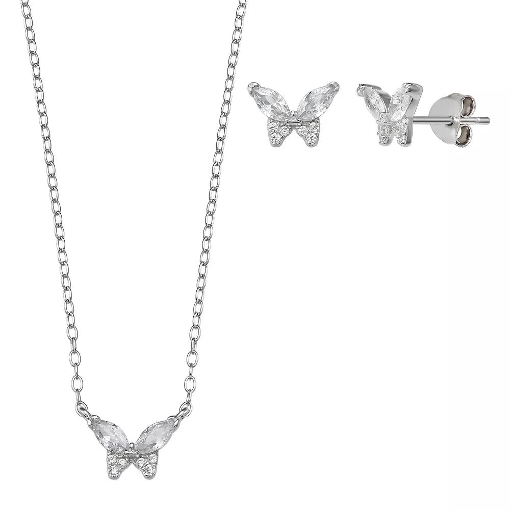 PRIMROSE Sterling Silver Cubic Zirconia Butterfly Stud Earrings & Pendant Necklace Set, Women's, Size: 18" Product Image