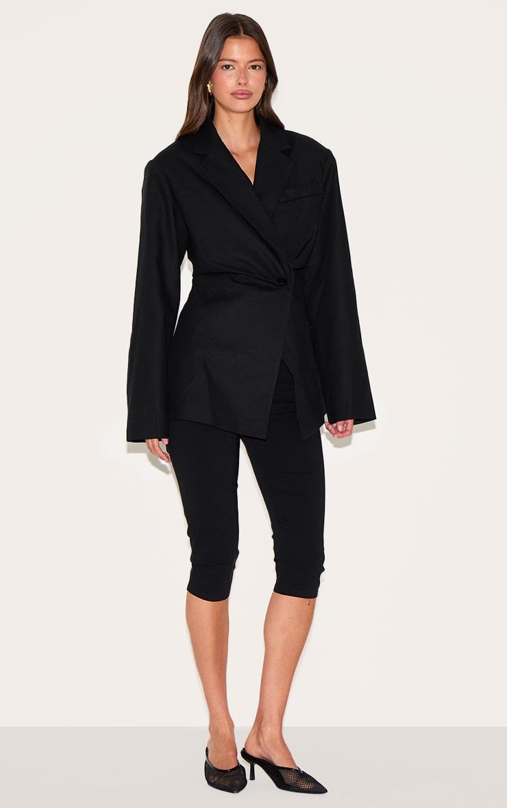 Black Linen Tailored Cinched Waist Blazer Product Image