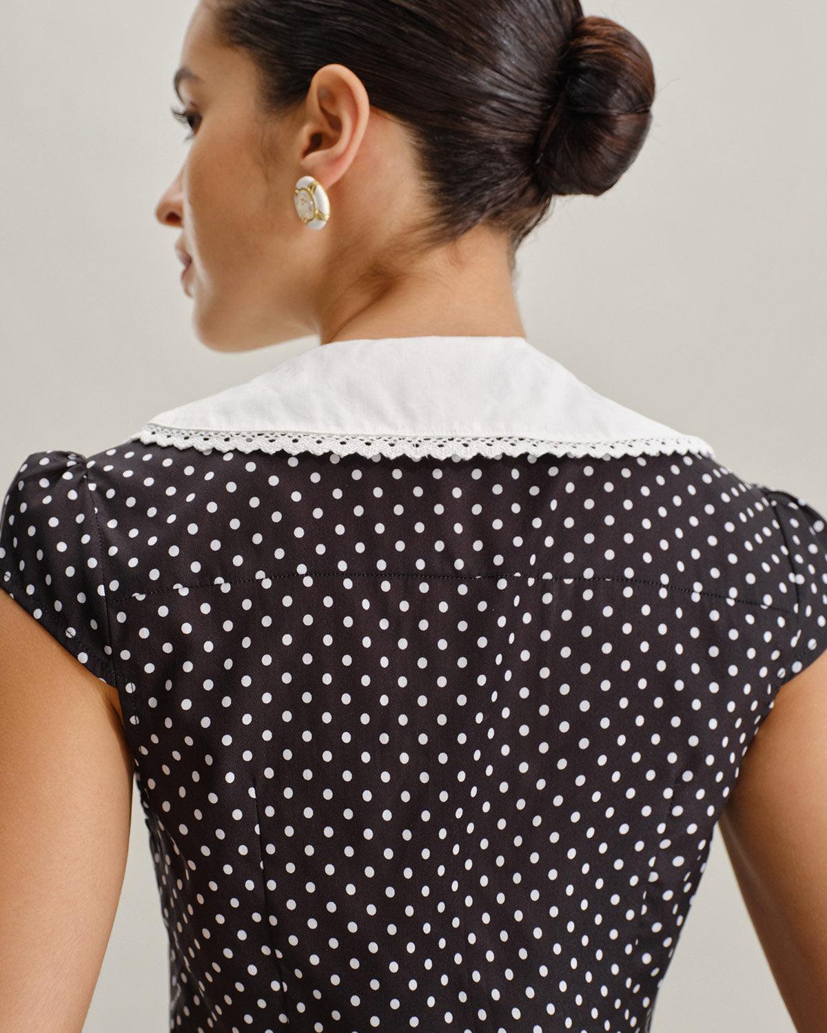 Black Polka Dot Cap Sleeve Shirt Product Image