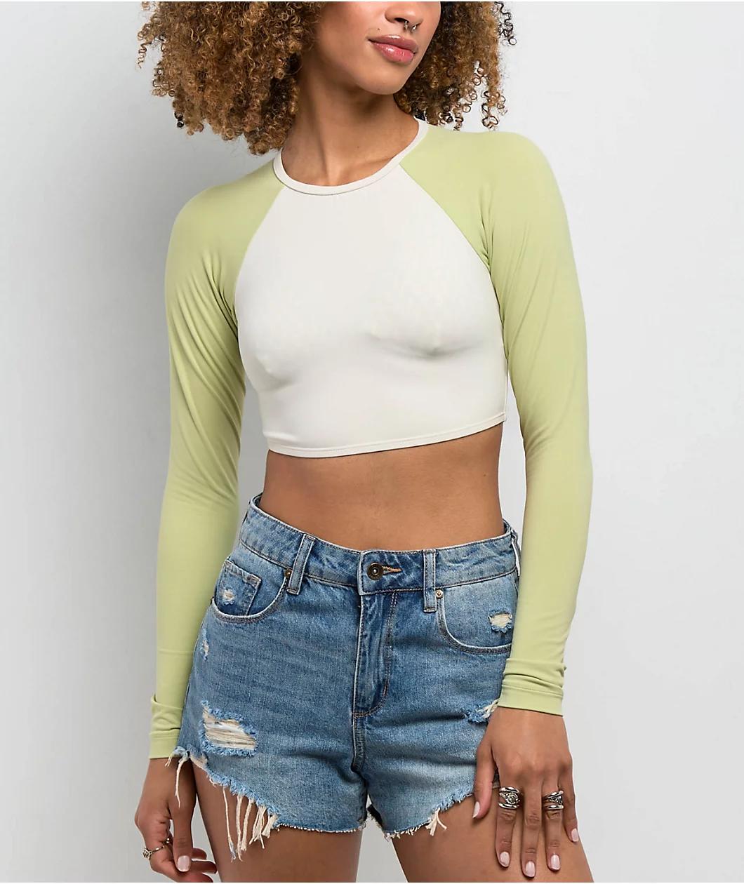 Quiksilver Pipeline Green & White Long Sleeve Crop Swim Top Product Image