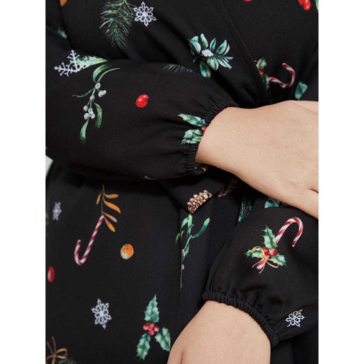 Plus Size Snowflake & Plant Print Wrap Lantern Sleeve Pocket Belted Dress Black Women Elegant Belted V-neck Long Sleeve Curvy Midi Dress BloomChic 14-16/1X Product Image