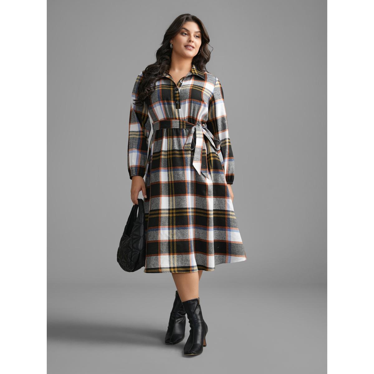 Plus Size Plaid Button Up Belted Knit Dress Multicolor Women At the Office Belted Knit Dresses Bloomchic 18-20/2X Product Image