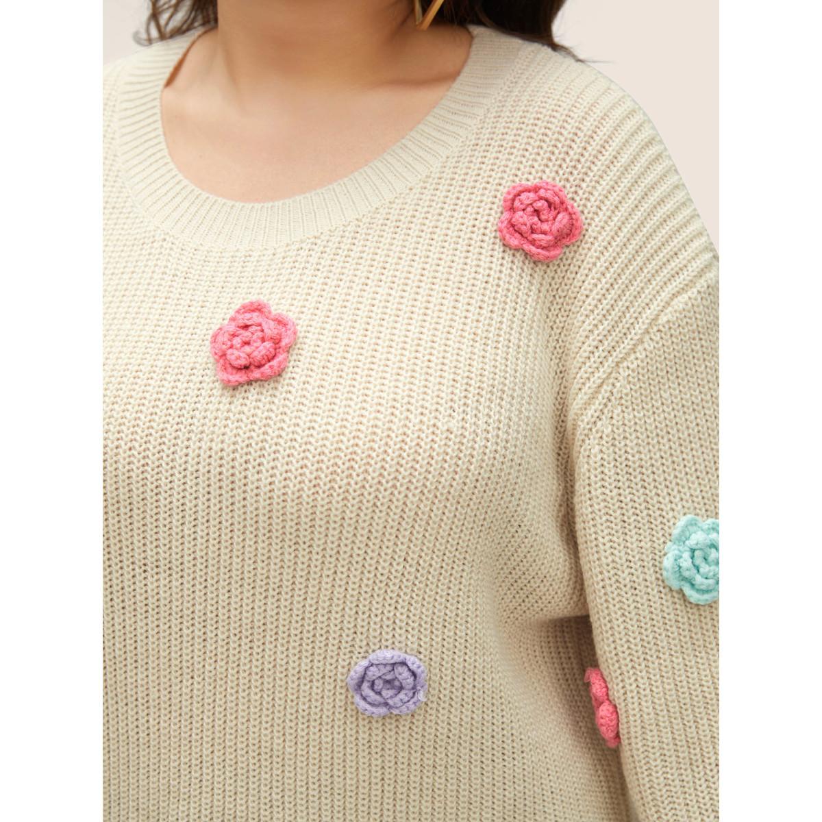 Plus Size Stereo Flower Design Split Hem Pullover Apricot Women Casual Long Sleeve Round Neck Everyday Pullovers BloomChic 14-16/1X Product Image