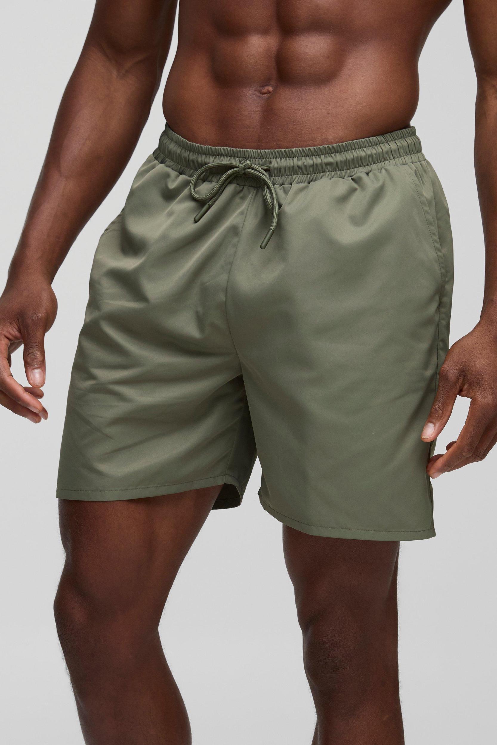 Mid Length Swim Trunks in Khaki | boohooMAN USA Product Image