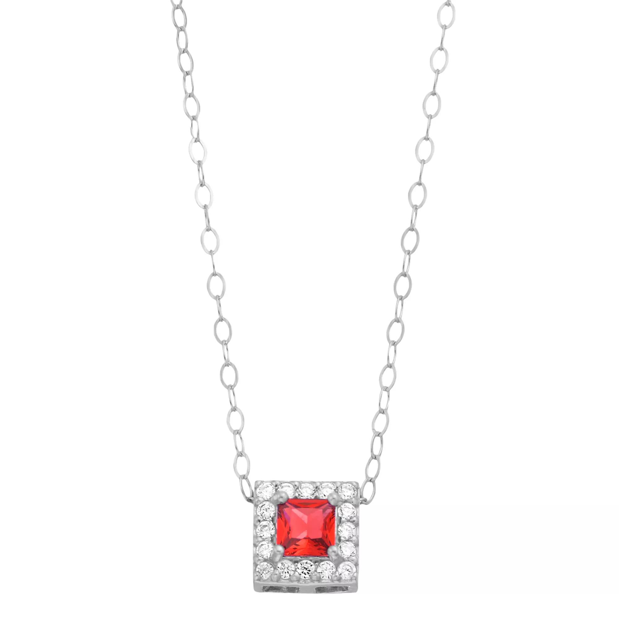 Aleure Precioso Sterling Silver Lab-Created Gemstone & Cubic Zirconia Square Halo Necklace, Women's, Size: 16", Sterling Silver Red Product Image