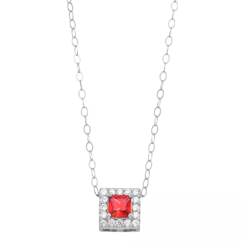 Aleure Precioso Sterling Silver Lab-Created Gemstone & Cubic Zirconia Square Halo Necklace, Women's, Size: 16", Sterling Silver Red Product Image