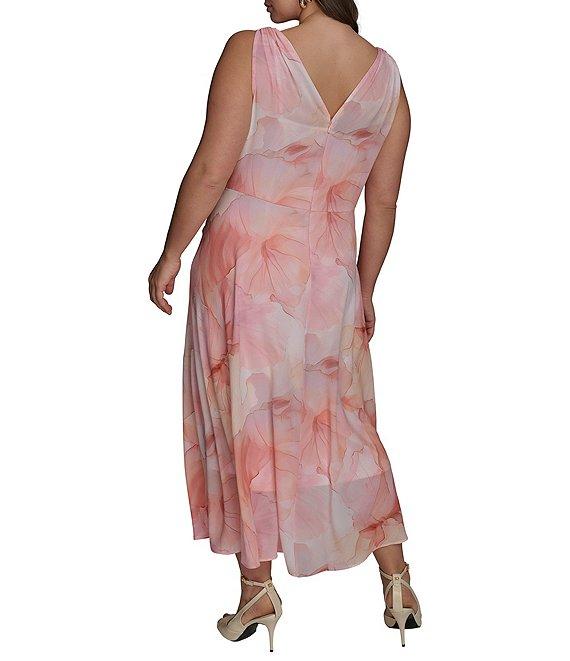 Donna Karan Plus Size V-Neck Floral Print Sleeveless Chiffon Wrap Dress Product Image