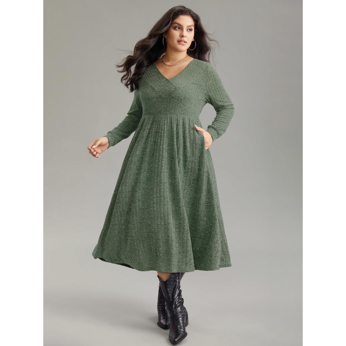Plus Size Rib Knit Plain Plisse Long Sleeve Dress ArmyGreen Women Leisure Rib Knit V-neck Long Sleeve Curvy Midi Dress BloomChic 12/L Product Image