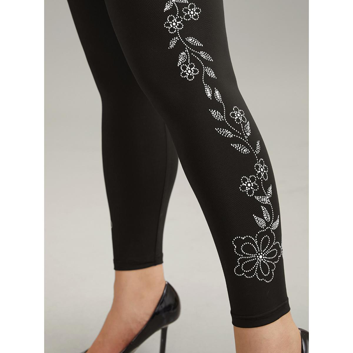 Plus Size Floral Rhinestone Patchwork High Rise Leggings Women Black Casual High stretch Skinny High Rise Dailywear Leggings BloomChic 28/5X Product Image