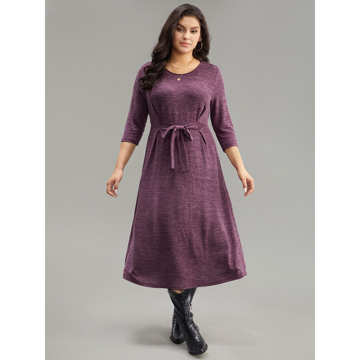 Plus Size Solid Heather Ties Pocket Dress RedViolet Women Casual Plain Round Neck Elbow-length sleeve Curvy Midi Dress BloomChic 30/6X Product Image
