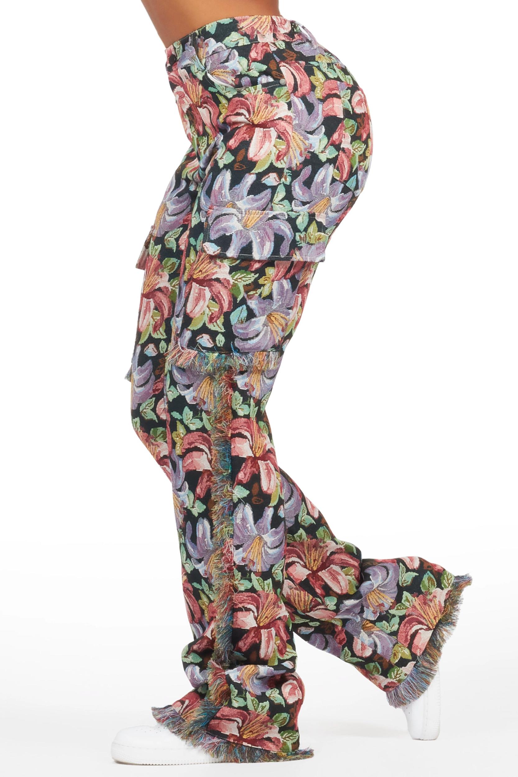 Tykima Black Floral Cargo Tapestry Stacked Pant Female Product Image