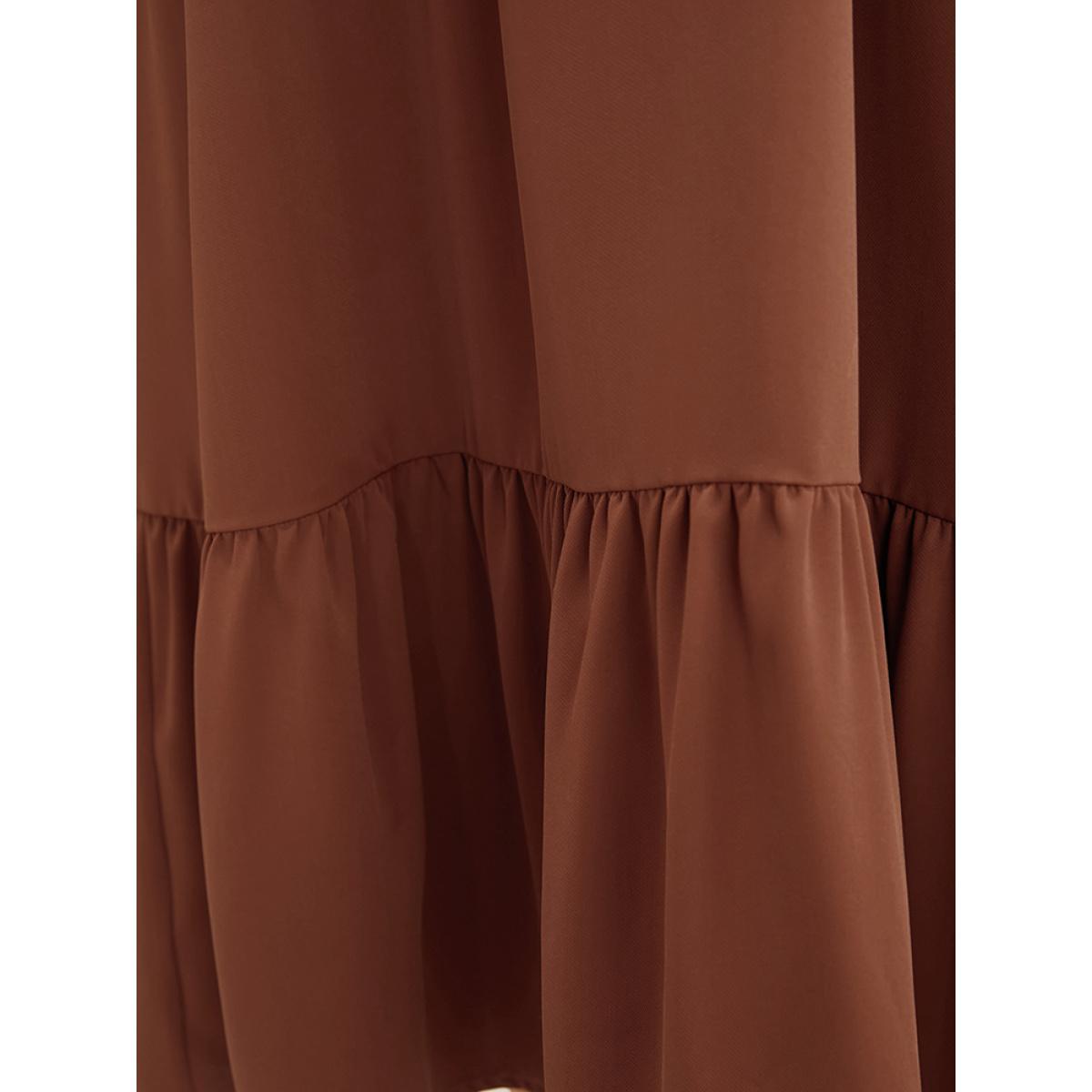 Plus Size Solid V Neck Pocket Contrast Lace Ruffle Hem Dress Russet Women Office Patchwork V-neck Long Sleeve Curvy Midi Dress BloomChic 30/6X Product Image