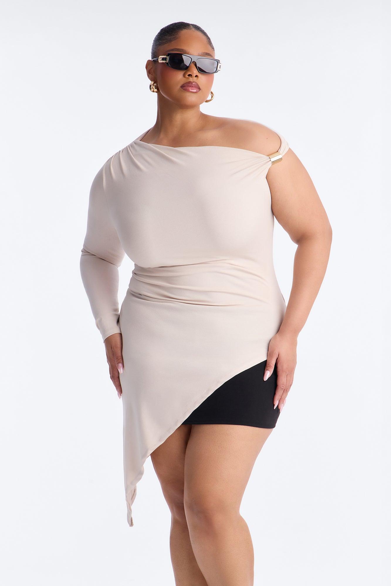 Moscow One Shoulder Asymmetrical Long Sleeve Top - Stone Female Product Image
