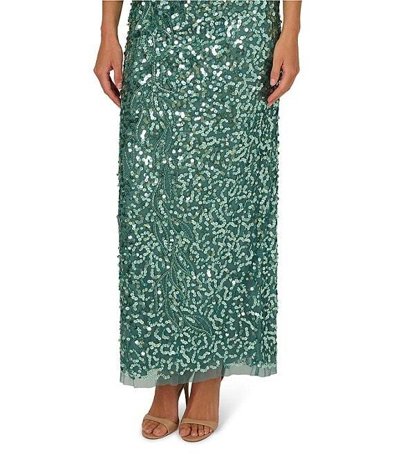 Adrianna Papell Petite Size Beaded Crew Neck Short Sleeve Column Gown Product Image