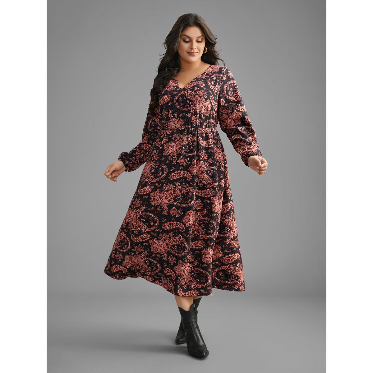 Plus Size Boho Print Notched Collar Lantern Sleeve Dress BlackFlower Women Resort Non Notched collar Long Sleeve Curvy BloomChic 12/L Product Image