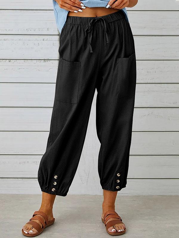 High Waisted Loose Buttoned Drawstring Elasticity Pockets Split-Joint Ninth Pants Trousers Product Image