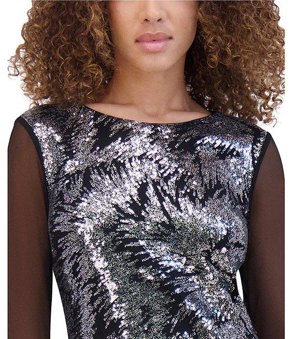Kensie Sequin Mesh Boat Neck Long Illusion Sleeve Sheath Dress Product Image