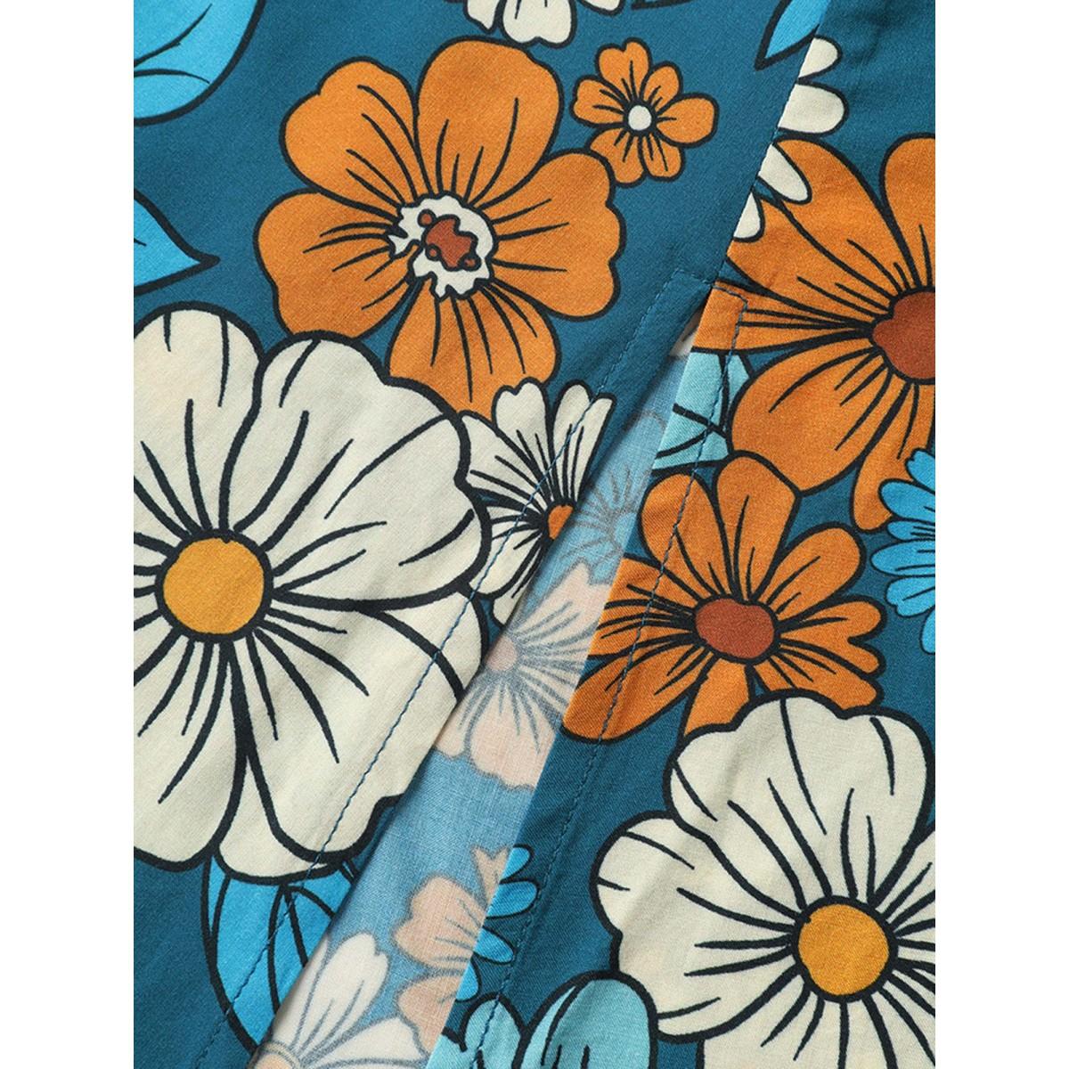 Plus Size Floral Drawstring Bodice Side Slit Midi Dress Navy Women Timeless V-neck Short sleeve Curvy BloomChic 12/L Product Image