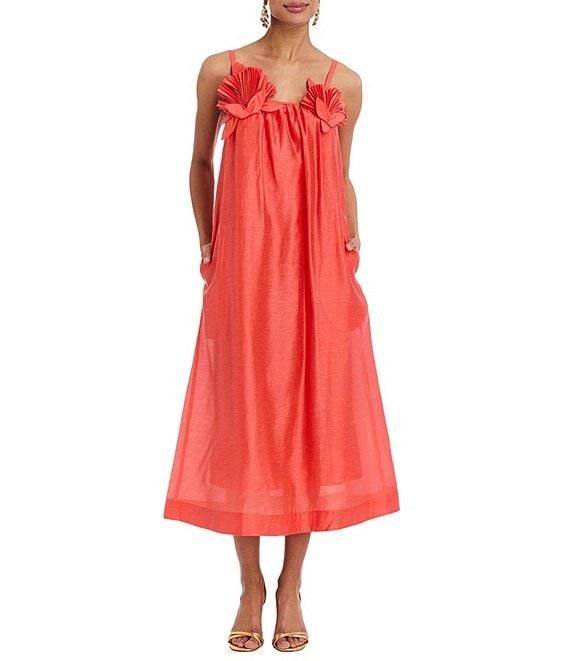 Mestiza New York Solenn Linen Blend Organza Square Neck Sleeveless Floral Applique Midi Dress Product Image