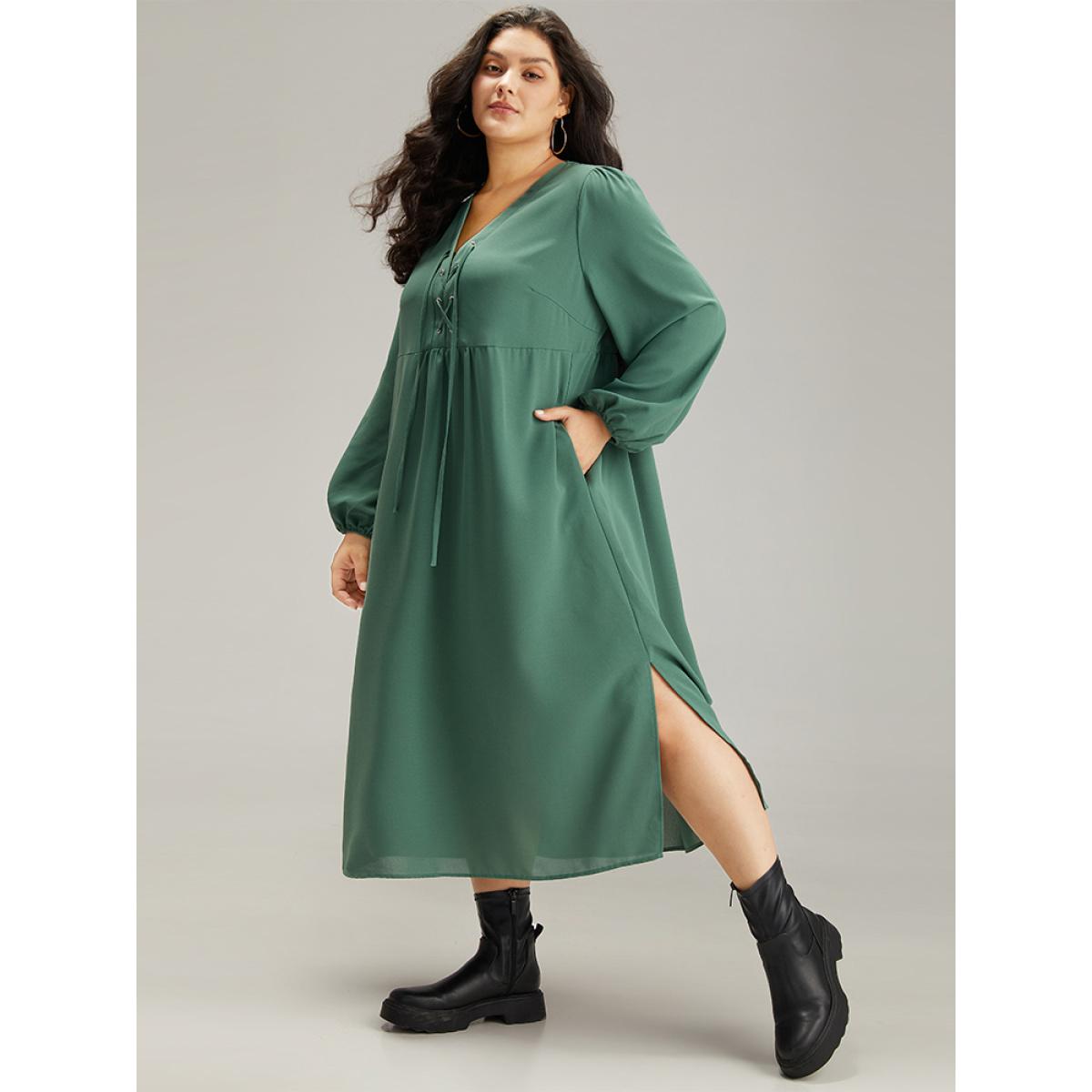 Plus Size Plain Lace Up Split Hem Lantern Sleeve Dress Mint Women Casual Elastic cuffs Tie Neck Long Sleeve Curvy Midi Dress BloomChic 30/6X Product Image