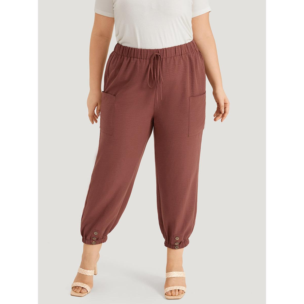 Plus Size Solid Patched Pocket Bowknot Button Detail Pants Women Rust Casual High Rise Dailywear Pants BloomChic 10/M Product Image